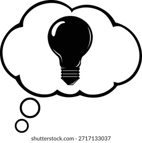 Vector illustration black and white of a cloud of thought with a light bulb, in concept of good idea or creativity