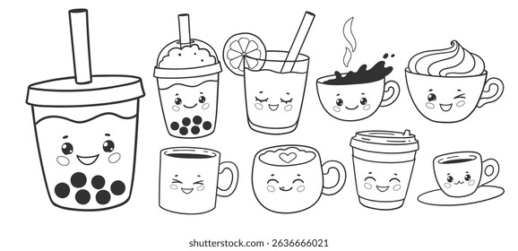 Vector illustration of black and white coffee, bubble tea and juice cups with kawaii faces. Fun outline illustration for coloring.