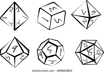 Vector illustration in black and white color of dice for role playing games with four, six, eight, twelve and twenty faces with numbers on them