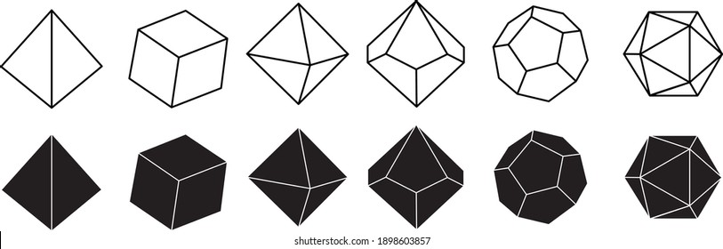 Vector illustration in black and white color of dice for role playing games with four, six, eight, twelve and twenty faces with numbers on them
