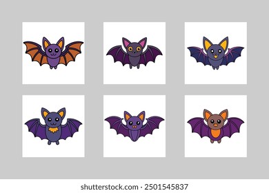 Vector Illustration Black and White, color, silhouette Halloween Bat illustration 6 sets.