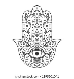 Vector illustration. Black and white coloring with hamsa