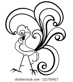 Vector illustration of black and white contour rooster isolated on white