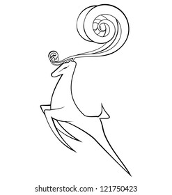 Vector illustration of black and white contour deer with spiral horns isolated on white