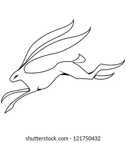 Vector illustration of black and white contour hare jumping isolated on white