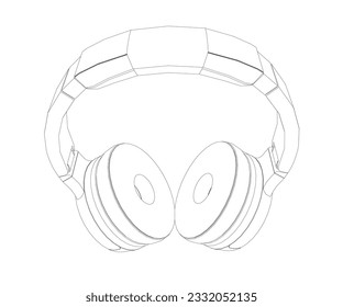 Vector illustration of a black and white contour headphones on a white background. Drawn with lines vector isolated of wireless wifi headphones with speaker for listening music and talking.