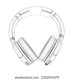 Vector illustration of a black and white contour headphones on a white background. Drawn with lines vector isolated of wireless wifi headphones with speaker for listening music and talking.