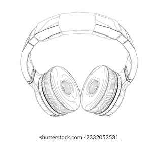 Vector illustration of a black and white contour headphones on a white background. Drawn with lines vector isolated of wireless wifi headphones with speaker for listening music and talking.