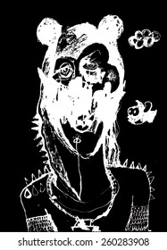 Vector illustration of black and white creature head. Abstract, hand drawn, big ears.