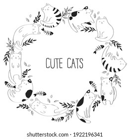 Vector illustration with black and white cute cats, fish bones, leaves and branches isolated on white background. Cat lover design for print, fabric, card, wallpaper, packaging