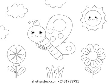 Vector illustration of black and white cute butterfly in nature. Coloring page.