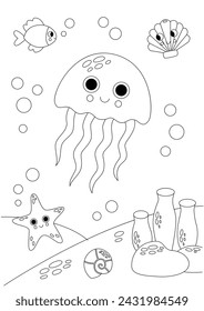 Vector illustration of black and white cute jelly underwater. Coloring page.