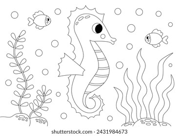Vektor-Illustration von schwarzen und weißen niedlichen Seepferdchen unter Wasser. Seite färben.