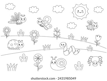 Vector illustration of black and white cute insects in nature. Coloring page.