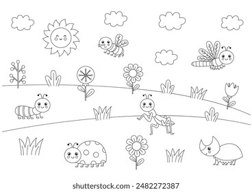 Vector illustration of black and white cute insects in nature. Coloring page.