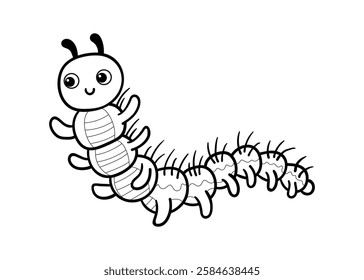 Vector illustration of a black and white cute caterpillar. Insect in cartoon style on a white background.