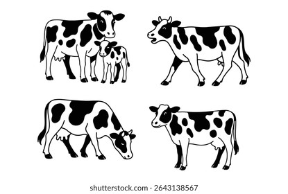 Vector illustration of black and white dairy cows and calves in different poses. Includes grazing, standing, and walking cows. Hand-drawn style perfect for farm, agriculture, or livestock-themed proje