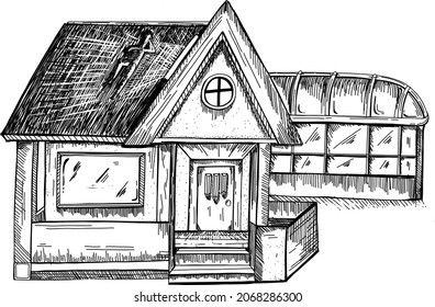 Vector Illustration, Black And White Digital Ink Style, Simple House With Greenhouse Addition And Person On The Roof At Night Time, Isolated Single Layer Hand Drawn Clip Art