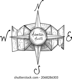 Vector illustration black and white digital ink of adventure compass with map unfolding and cardinal directions and the phrase adventure awaits in the center, textured and stippled clip art 