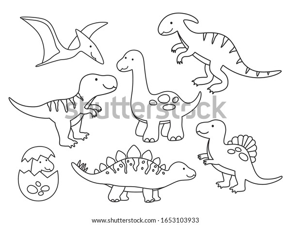 Vector illustration of black and white dinosaur outline drawing set.