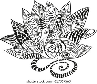 vector illustration of black and white doodle peacock 