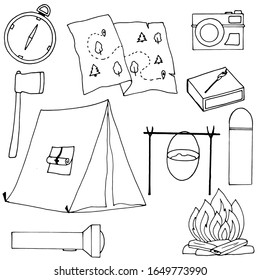 vector illustration, black and white drawing, set of camping elements