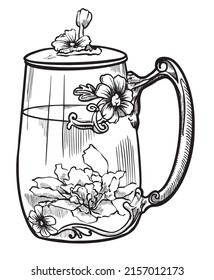Ilustración vectorial en blanco y negro dibujada al estilo de una sola línea con la imagen de flores decorativas.