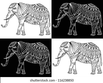 Vector illustration, black and white elephant pattern, card concept.