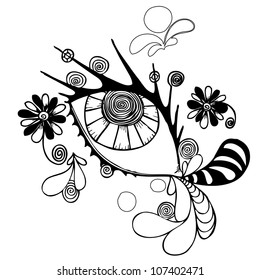 Vector illustration, black and white eye sketch, card concept.