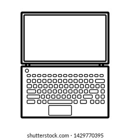 Vector illustration of a black and white flat icon of a simple modern digital digital rectangular laptop with keyboard isolated on white background. Concept: computer digital technologies