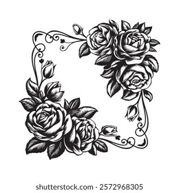 Vector illustration of a black and white floral corner design