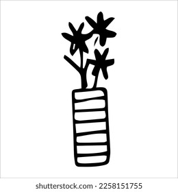 Vektorgrafik einer schwarz-weißen Blume in einer Vase. Möbel im Cartoon-Stil.