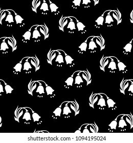 Vector illustration of black and white flowers seamless pattern. White tulips on black background. Hand drawning.
