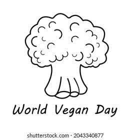 Vector illustration in black and white format. Broccoli on a white background in outline style. Celebration of world vegetarian day