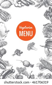 Vector illustration black and white frame with vegetables menu. Different vegetables on white background