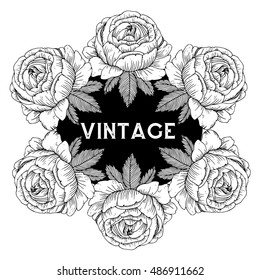  Vector illustration. Black and white frame of the Roses.Beautiful card with a round wreath of different flowers Seamless pattern of roses. Line drawing.
