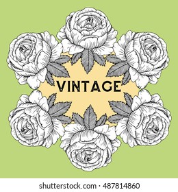 Vector illustration. Black and white frame of the Roses.Beautiful card with a round wreath of different flowers Seamless pattern of roses. Line drawing