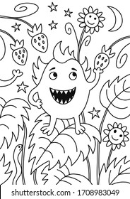 Vector illustration of black and white funny monster contour and bed with strawberries at night background. Coloring book hand drawn template.