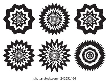 Vector illustration of black and white fuzzy concentric patterns with optical illusion effects that may cause dizziness