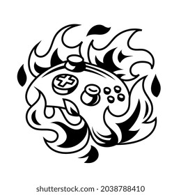 Ilustración vectorial de Gamepad blanco y negro con llama. Diseño de estilo de dibujos animados de líneas de Joystick