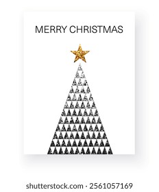 Vector illustration of a black and white geometric Christmas tree with a glittering gold star and Merry Christmas text.