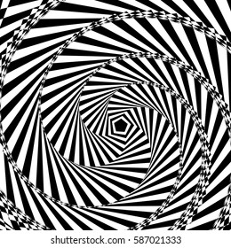 Vector illustration of black and white geometric background of increasing and rotate the pentagon create an optical illusion.