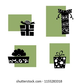 Vector illustration, black and white gift boxes set on an olive background. Can be used for greeting cards, stickers, promotion, banners.