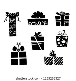 Vector illustration, black and white gift boxes set. Can be used for greeting cards, stickers, promotion, banners.