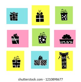Vector illustration, black and white gift boxes set on a colorful background. Can be used for greeting cards, stickers, promotion, banners.