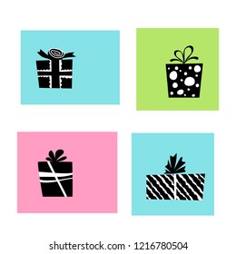 Vector illustration, black and white gift boxes set on a colorful background. Can be used for greeting cards, stickers, promotion, banners.