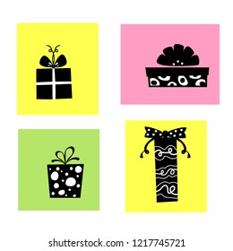 Vector illustration, black and white gift boxes set on a colorful background. Can be used for greeting cards, stickers, promotion, banners.