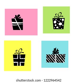 Vector illustration, black and white gift boxes set on a colorful background. Can be used for greeting cards, stickers, promotion, banners.