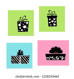 Vector illustration, black and white gift boxes set on a colorful background. Can be used for greeting cards, stickers, promotion, banners.