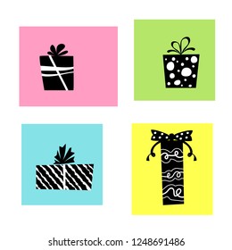 Vector illustration, black and white gift boxes set on a colorful background. Can be used for greeting cards, stickers, promotion, banners.